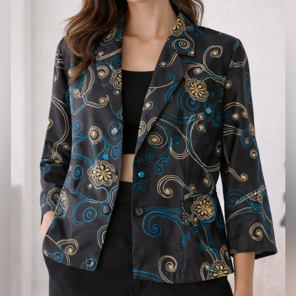 Amanda Smith 100% Silk Blazer Size 6 Teal Gold Floral Print Lightweight Jacket